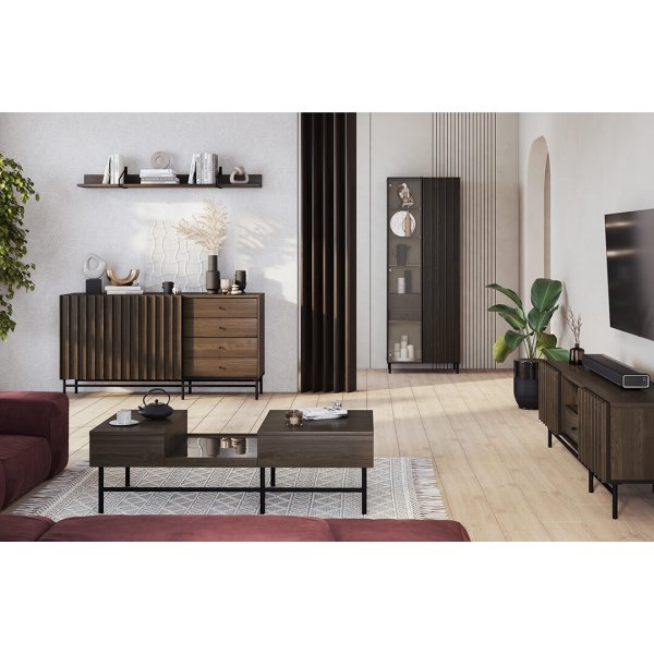 Hoher Glasschrank Piedmont - Portland-Esche/Schwarz