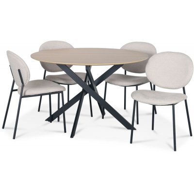 Hogrän Essgruppe Ø120 cm Tisch aus hellem Holz + 4 getuftete beige Stühle