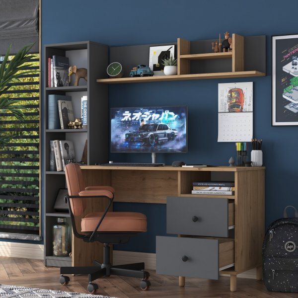 Hanna Schreibtisch mit Regalsystem 15, 120 x 50 cm - Walnuss/Anthrazit