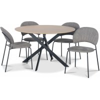Hogrän-Essgruppe Ø120 cm Tisch aus hellem Holz + 4 graue Hogrän-Stühle Hogrän-Essgruppe Ø120 cm Tisch aus hellem Holz + 4 graue Hogrän-Stühle
