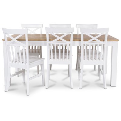 Dalarös Essgruppe 180 cm Tisch weiß/Eiche + 6 Mellby Esszimmerstühle