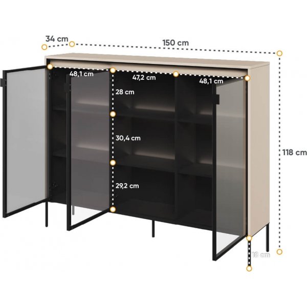 Trendvitrine H118 cm - Beige/Schwarz