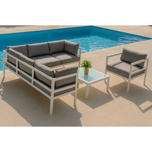 Outdoor-Gruppe mit Tisch und Ecksofa in Weißaluminium Outdoor-Gruppe mit Tisch und Ecksofa in Weißaluminium