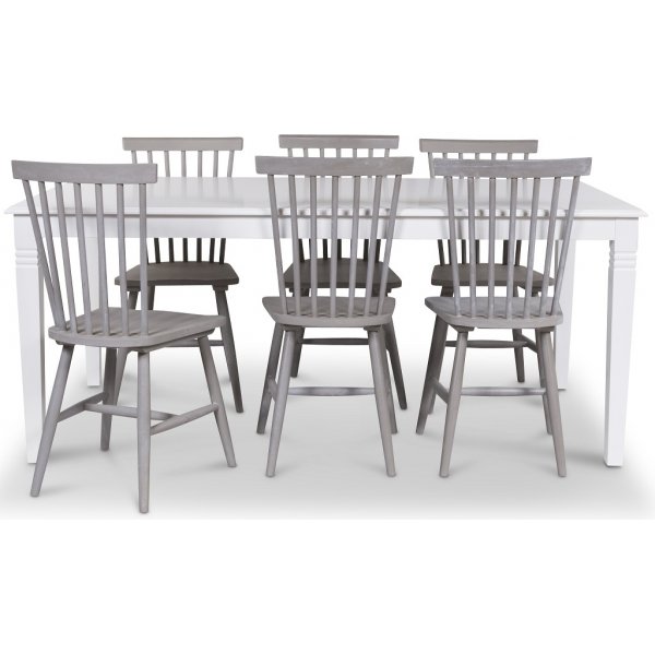 Mellby Essgruppe 180 cm Tisch wei + 6 graue Freischwinger