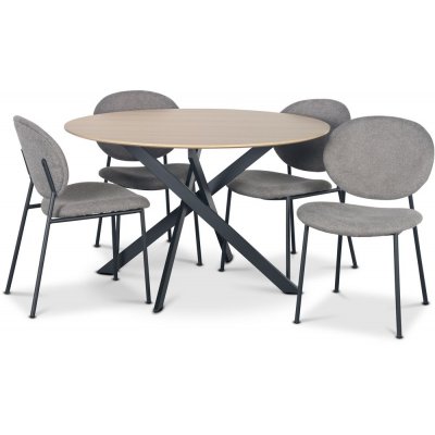Hogrän Essgruppe Ø120 cm Tisch aus hellem Holz + 4 getuftete graue Stühle