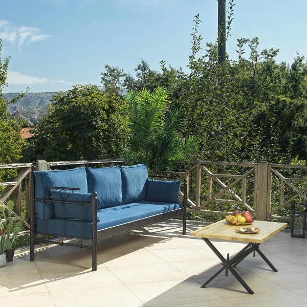 Hampus 3-Sitzer Outdoor-Sofa - Schwarz/Blau + Fleckentferner für Möbel Hampus 3-Sitzer Outdoor-Sofa - Schwarz/Blau + Fleckentferner für Möbel