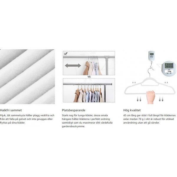 Kleiderbügel, Samt, 45 cm, 50er-Pack - Weiß Kleiderbügel, Samt, 45 cm, 50er-Pack - Weiß