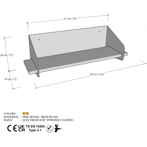 Brazo Wandregal 60 x 19 x 20 cm - Schwarz