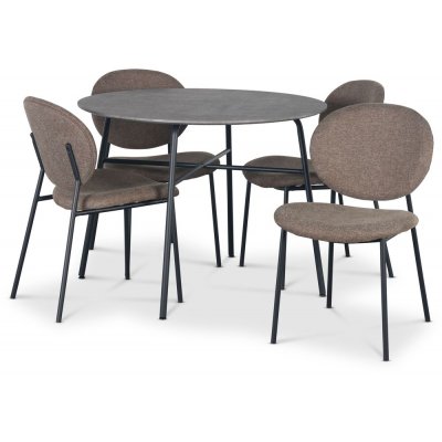 Tofta-Essgruppe Ø100 cm Tisch in Betonoptik + 4 braune Tofta-Stühle
