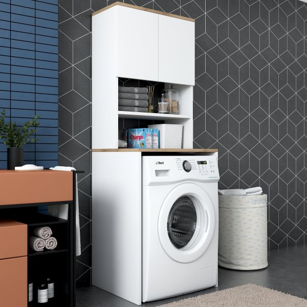 Langer Waschmaschinenschrank 1 - Wei�/Walnuss