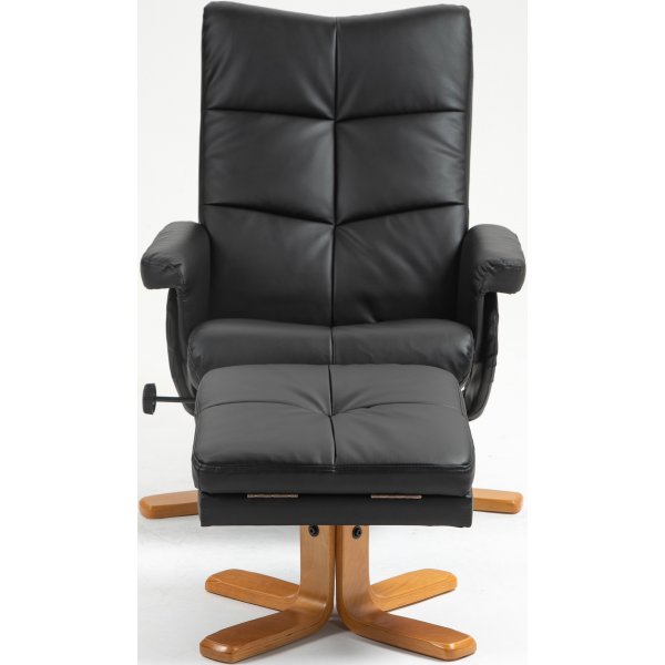 Duva Liegesessel mit Fuhocker aus schwarzem PU mit braunen Beinen