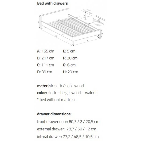 Caj Doppelbett mit Stauraum - Beige (Stoff)