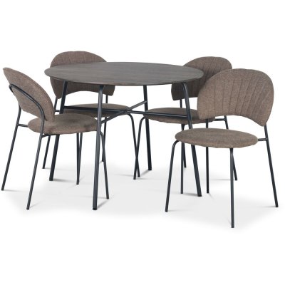 Tufta Essgruppe Ø100 cm Tisch aus dunklem Holz + 4 Hogrän braune Stühle