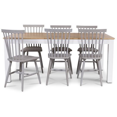 Dalar-Essgruppe mit Holzsthlen - 180 cm Tisch wei/Eiche mit 6 grauen Holzsthlen