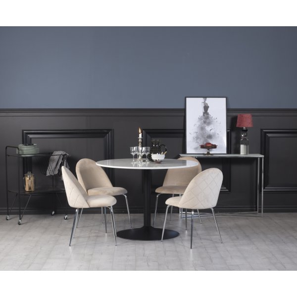 Plaza Esstischset, Marmortisch mit 4 Plaza Samtsthlen - Beige/Chrom/Schwarz