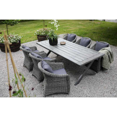 Oxford-Speisegruppe im Freien; grauer Tisch 220 cm inkl. 6 Mercury-Sessel graues synthetisches Rattan