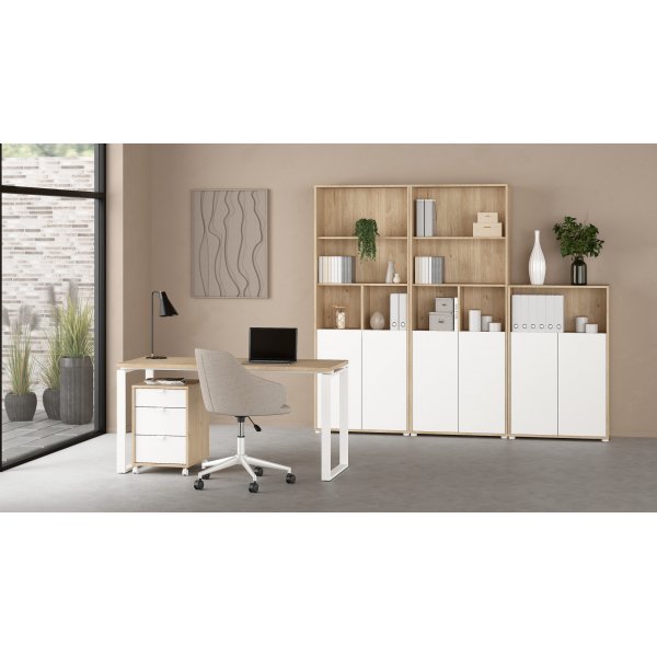 Sign hohes B�cherregal mit 2 T�ren - Wei�/Hickory