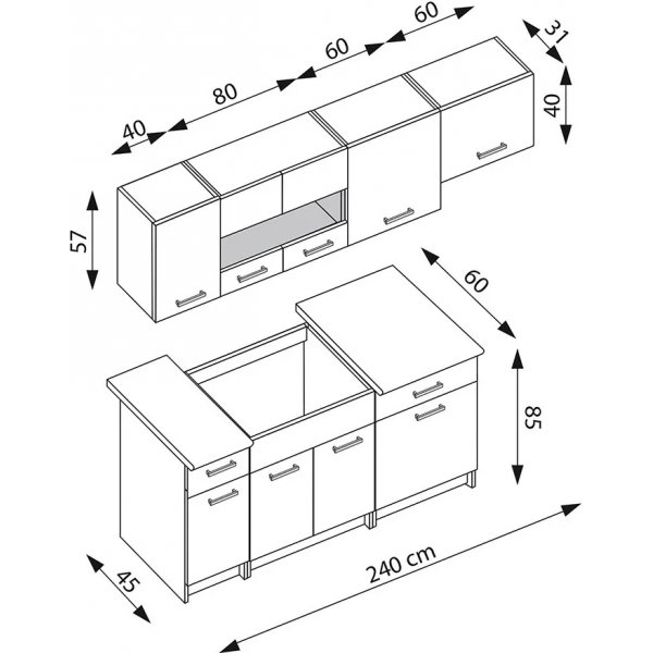 Komplette Kche Alina 240 cm - Artisan-Eiche/Mattschwarz/Dunkelgrau