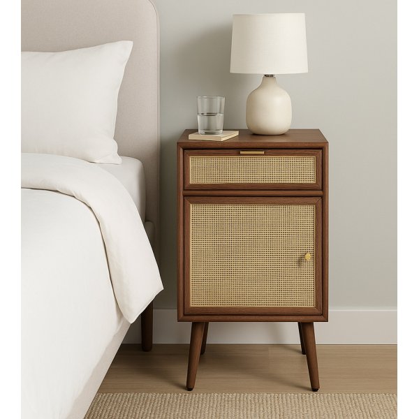 Nachttisch Walnuss/Rattan 71 cm hoch + Textilreinigung fr Mbel