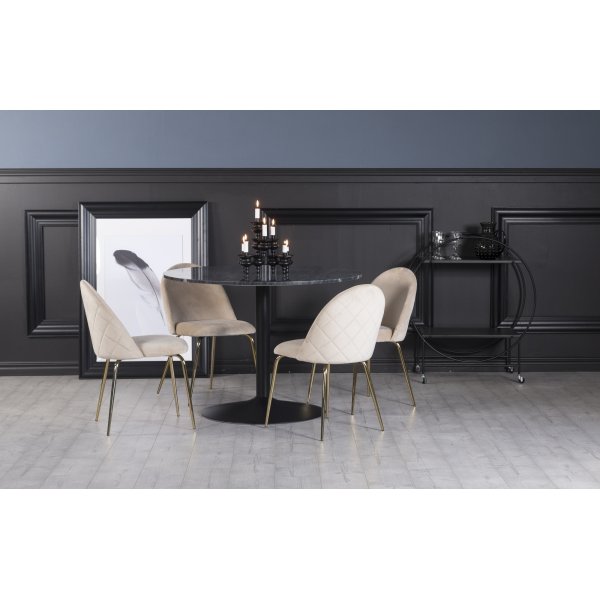 Plaza Essgruppe, Marmortisch mit 4 Plaza Samtsthlen - Beige/Grau/Schwarz