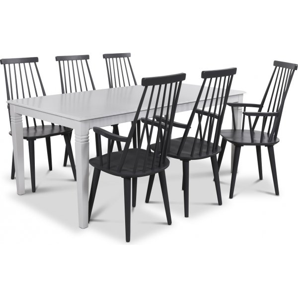 Mellby Essgruppe 180 cm Tisch mit 6 grauen Dalsland Rohrsthlen mit Armlehnen