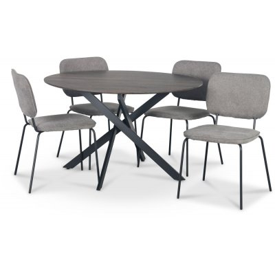 Hogrän Essgruppe Ø120 cm Tisch aus dunklem Holz + 4 Lokrume graue Stühle