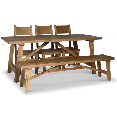 Woodforge-Essgruppe; Esstisch mit 3 Esszimmersthlen und Bank aus recyceltem Holz