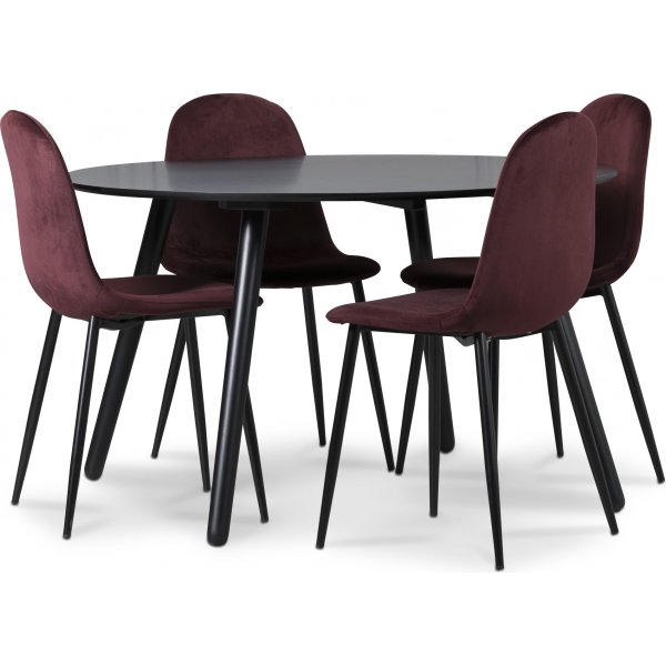 Rosvik Essgruppe, Esstisch mit 4 Carisma Samtsthlen - Bordeaux/Schwarz