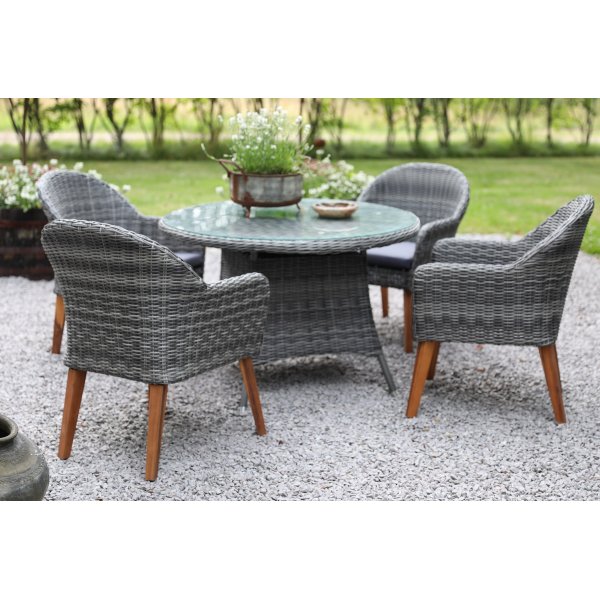Jacksonville Speisegruppe im Freien; Runder Tisch 110 cm inkl. 4 Sessel Valetta Kunstrattan grau Jacksonville Speisegruppe im Freien; Runder Tisch 110 cm inkl. 4 Sessel Valetta Kunstrattan grau