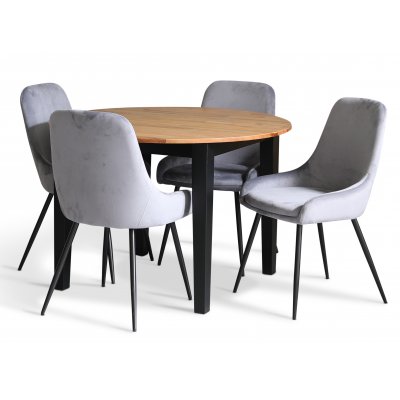 Dalsland-Essgruppe: Runder Tisch in Eiche / Schwarz mit 4 grauen Theo-Sthlen
