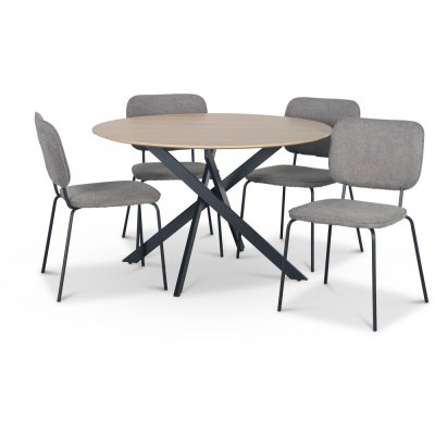 Hogrän Essgruppe Ø120 cm Tisch aus hellem Holz + 4 Lokrume graue Stühle