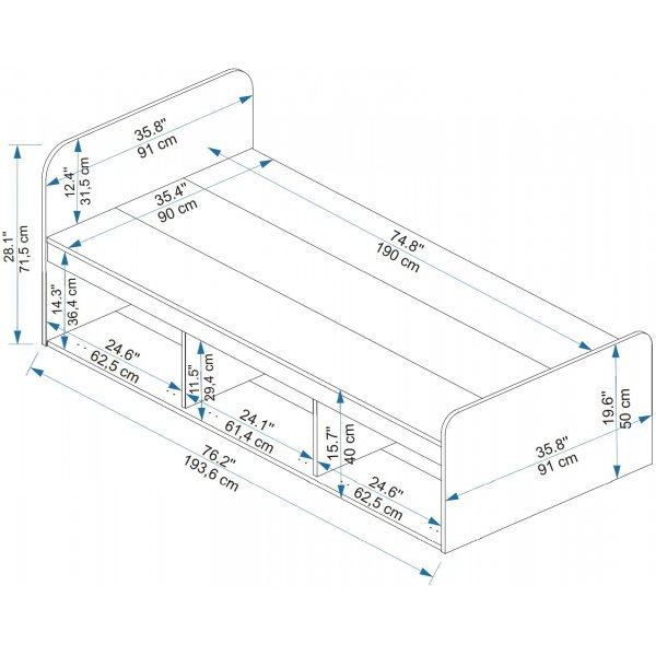Akser Einzelbett mit integriertem Stauraum 190 x 90 cm - Heller Walnuss/Beige