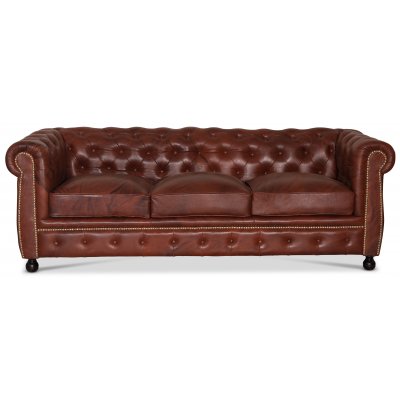 Old England 3-Sitzer-Chesterfield-Sofa aus echtem Leder mit Antik-Finish + Mbelpflegeset fr Textilien