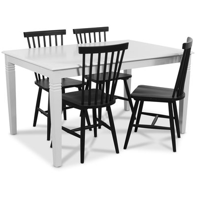 Mellby Essgruppe 140 cm Tisch mit 4 schwarzen Karl Rohrstühlen - Weiß / Schwarz