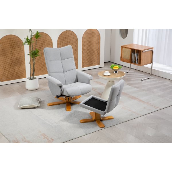 Verstellbarer Sessel Duva inklusive Fuhocker mit Stauraum - Grauer Stoff mit Holzbeinen