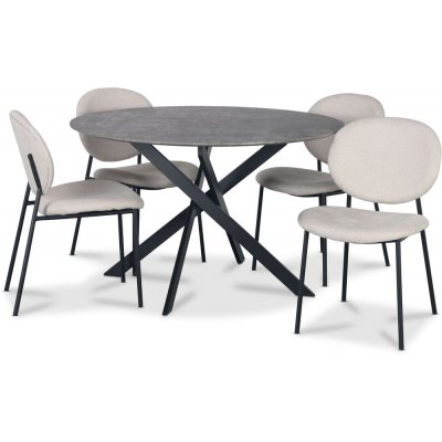 Hogrän Essgruppe Ø120 cm Tisch aus Betonimitat + 4 getuftete beige Stühle