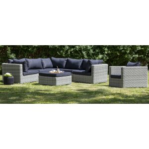 Dallas Outdoor-Gruppen-Ecksofa mit Sessel und Tisch/Fußhocker - Hellgraues Kunststoff-Rattan Dallas Outdoor-Gruppen-Ecksofa mit Sessel und Tisch/Fußhocker - Hellgraues Kunststoff-Rattan
