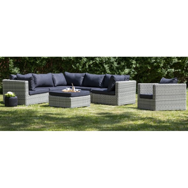 Dallas Outdoor-Gruppen-Ecksofa mit Sessel und Tisch/Fuhocker - Hellgraues Kunststoff-Rattan
