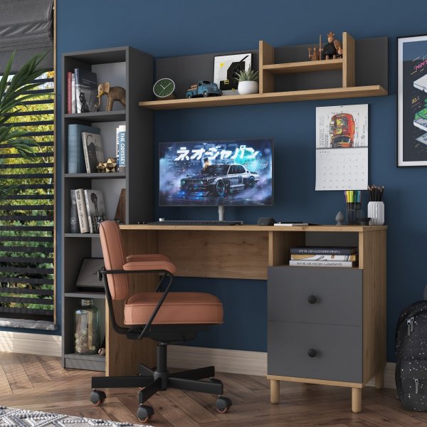 Hanna Schreibtisch mit Regalsystem 15, 120 x 50 cm - Walnuss/Anthrazit