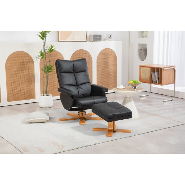 Duva Liegesessel mit Fuhocker aus schwarzem PU mit braunen Beinen