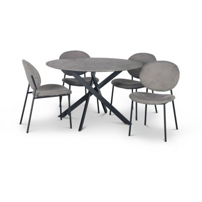 Hogrän Essgruppe Ø120 cm Tisch aus Betonimitat + 4 getuftete graue Stühle