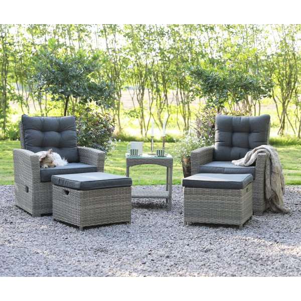 Orlando-Lounge-Set, verstellbare Sessel mit Fuhockern und Beistelltischen aus Rattan
