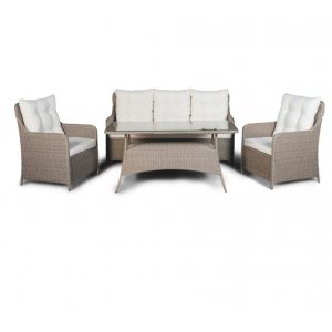 Ljus Outdoor-Gruppe; 3-Sitzer-Sofa mit Tisch und Sesseln - Beigefarbenes Kunstrattan