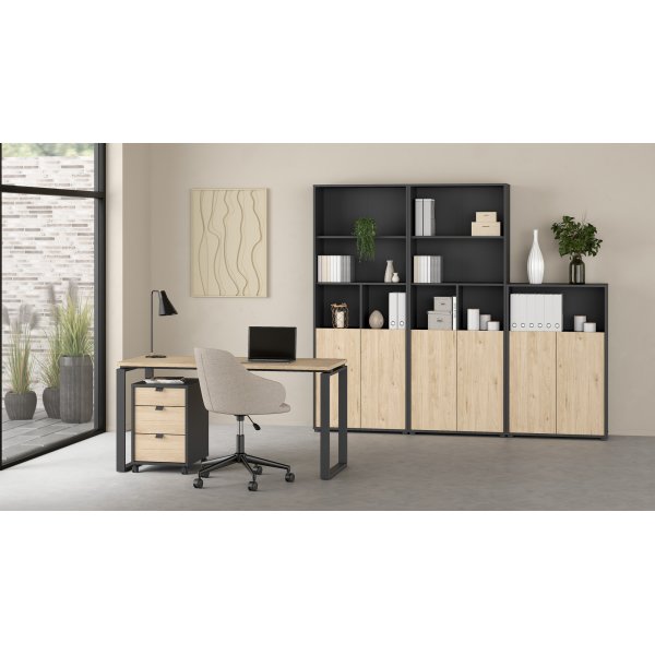 Niedriges Sign-B�cherregal mit T�ren - Mattgrau/Hickory