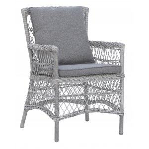 Esszimmerstuhl für den Außenbereich aus grauem Rattan mit Kissen Esszimmerstuhl für den Außenbereich aus grauem Rattan mit Kissen
