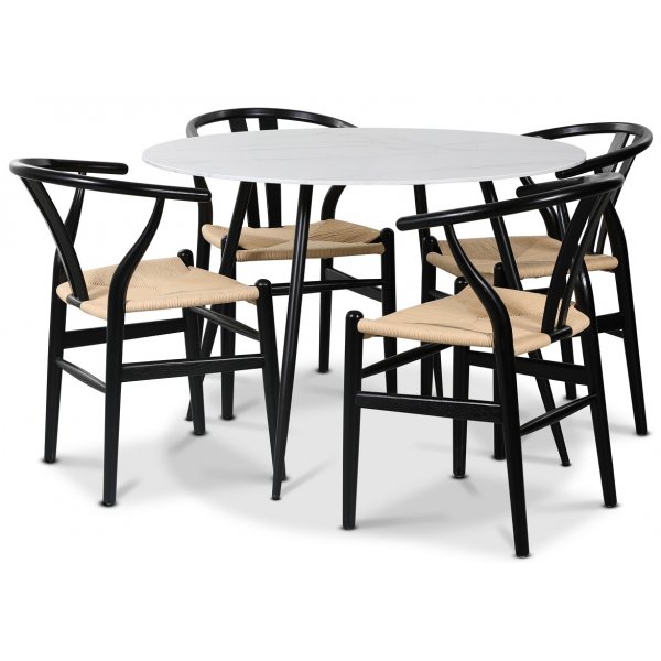 Sunda II Esstischgarnitur, 110 cm runder Tisch + 4 Sunda Sthle schwarz / Seilsitz
