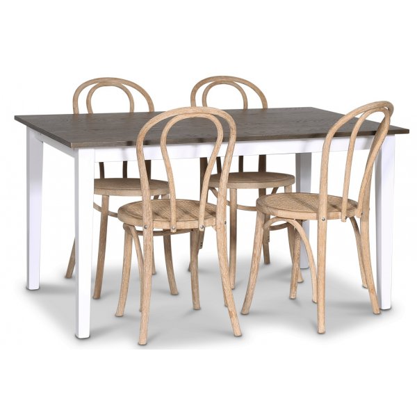 Lebensmittelgruppe Skagen; Esstisch 140 cm - Eiche wei / braun gebeizt mit 4 Danderyd No.18 Esszimmersthlen Whitewash