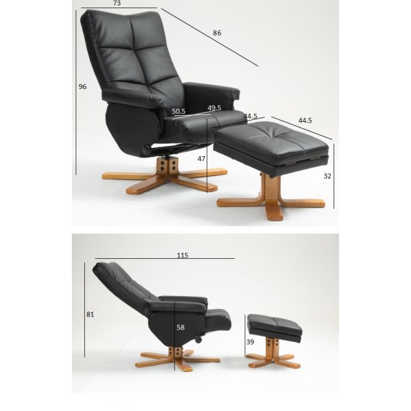 Duva Liegesessel mit Fuhocker aus schwarzem PU mit braunen Beinen