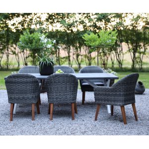 Oxford-Speisegruppe im Freien; grau/weier Tisch 220 cm inkl. 6 Valetta-Sessel graues Kunstrattan