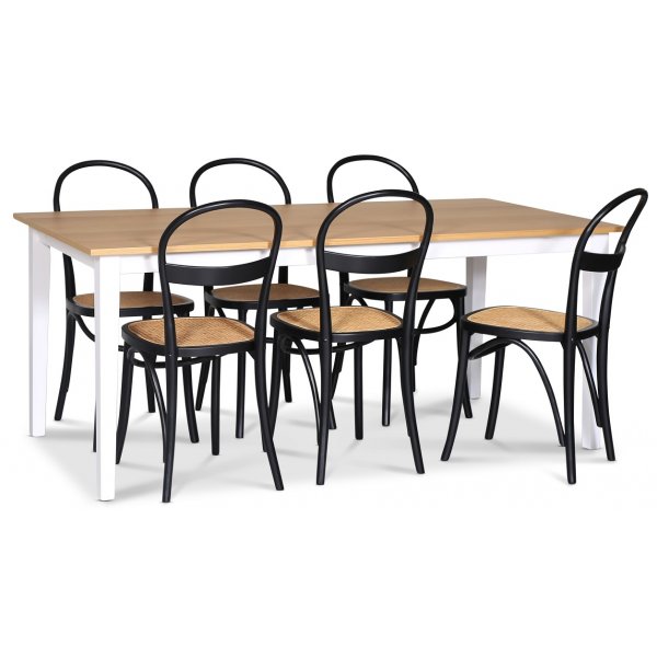 Lebensmittelgruppe Fr; Esstisch 180x90 cm - Wei / Eiche gelt mit 6 Danderyd No.16 Sthlen Schwarz